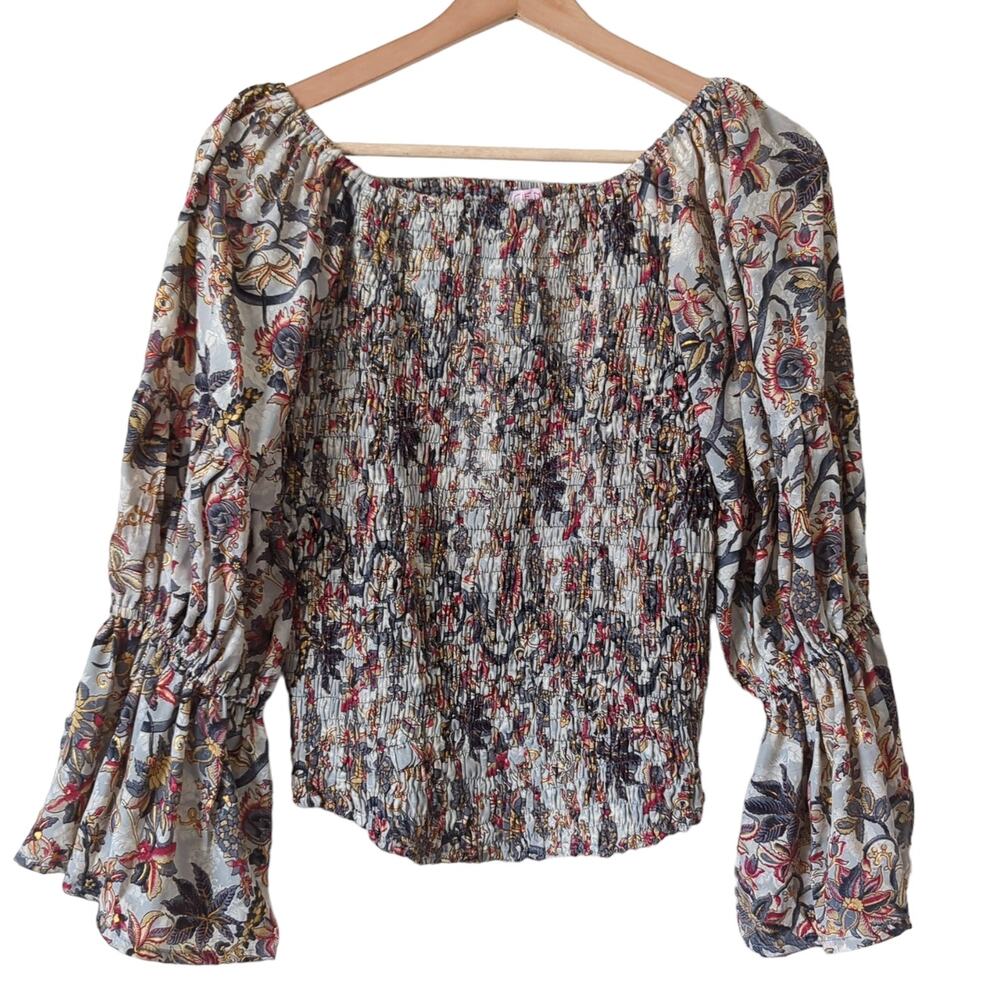 Cienna Designs Womens Balloon‎ Sleeve Smocked Blouse Colorful Boho Top M/L Silk